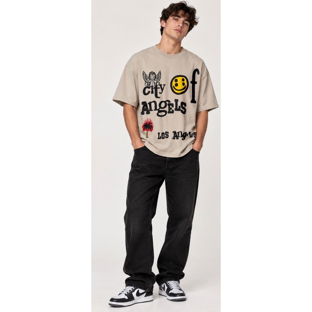PacSun City of Angels T Shirt Mens M Tan Cotton Graphic Los Angeles Smiley Face